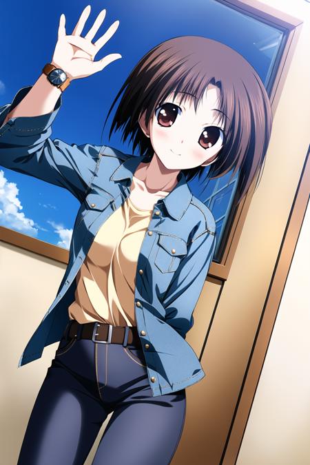 00000-2358139426-((masterpiece, high quality, best quality)), _1girl, smile, short hair, waving, denim, open jacket, dutch angle, brown hair, den.png